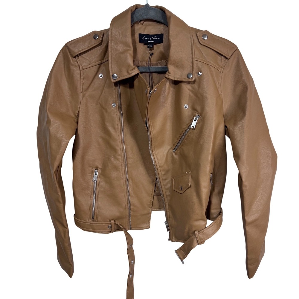 Love Tree Medium Tan Moto Jacket Women's Faux Leather Biker